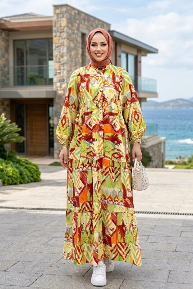Women's Buttoned Floral Patterned Green Modal Dress