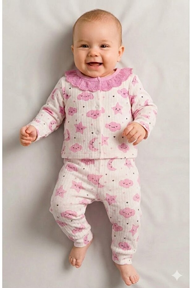 Baby Girl Set with Patterned Collar, Scalloped Collar, Long Sleeves, Cotton