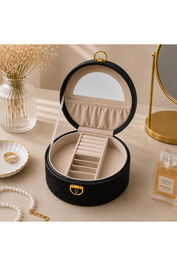 Round Luxury Jewelry and Gemstone Storage Box with Mirror Organizer