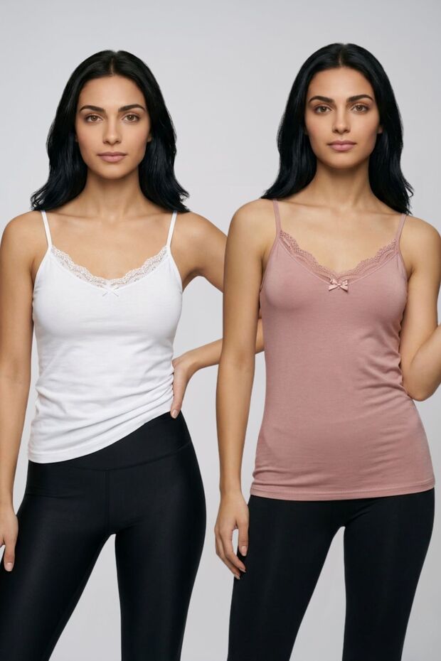 2-Pack Women's Cotton V-Neck Lace Detailed Thin Rope Strap Undershirt Casual Stylish Underwear Badi