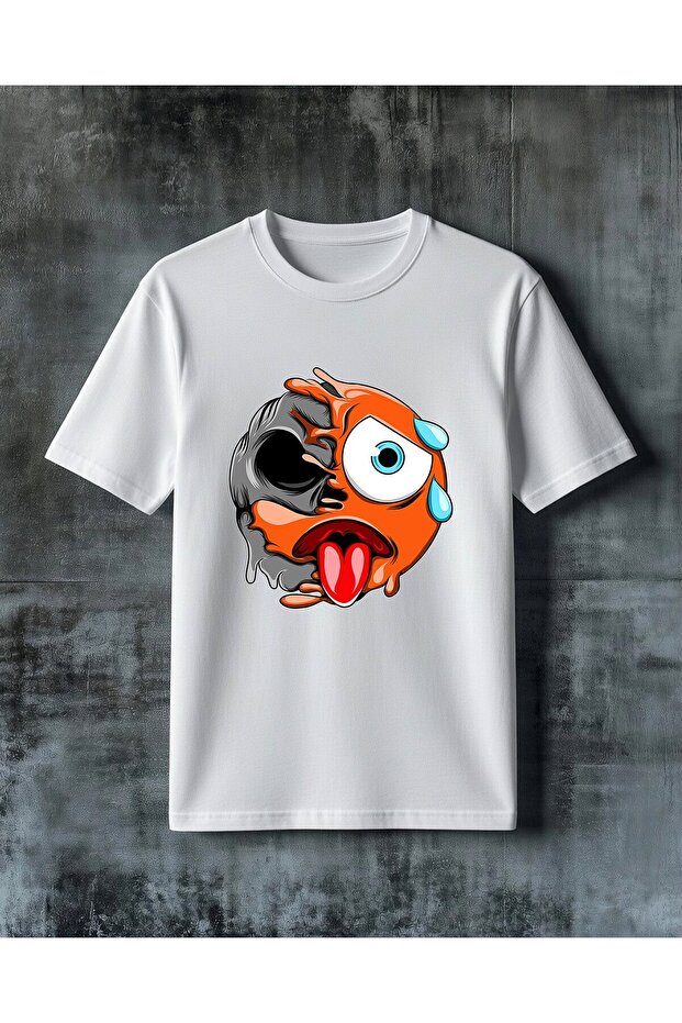 Orange Sad Face Emoji Printed Oversize T-Shirt