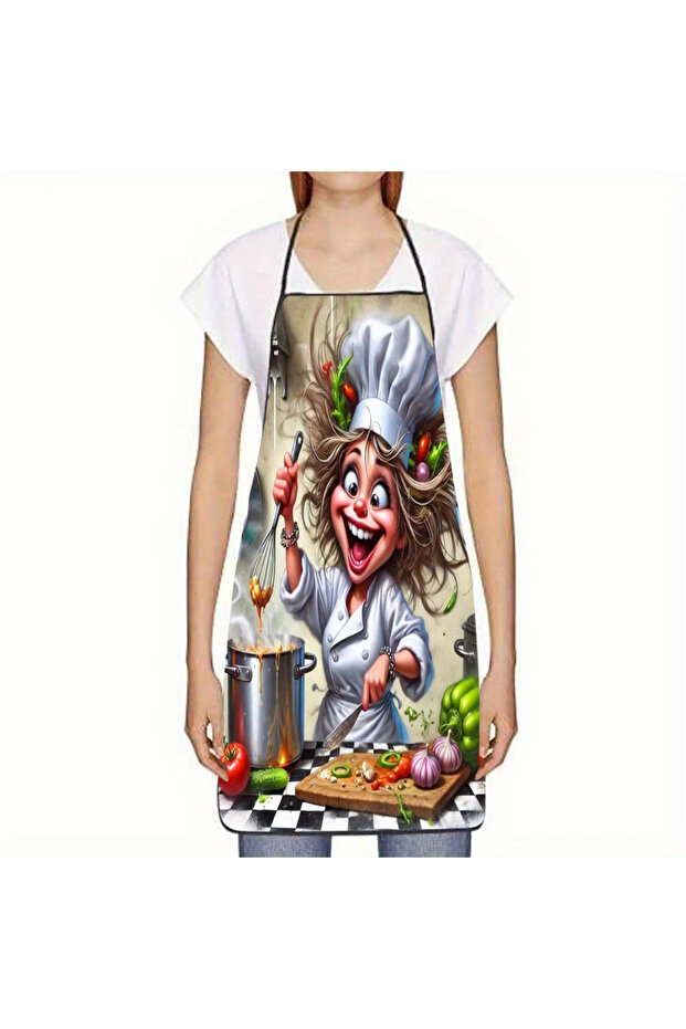 50x70 Light Grey 1PC Cute Smiling Chef Print Apron with French Chef Hat Desig Adjustable Kitchen Apr
