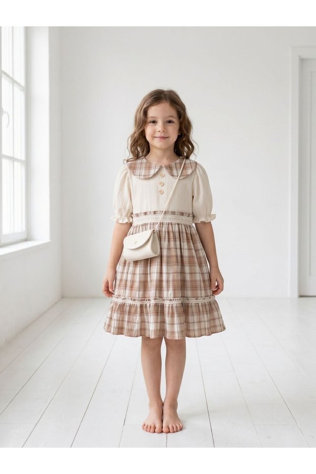 Vintage Style, Doll Collar, Bag Included, Balloon Sleeves Girls' Dress