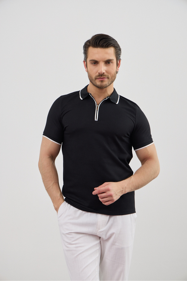 Men's Zippered Stripe Detailed Anti-Sweat Polo Collar T-Shirt