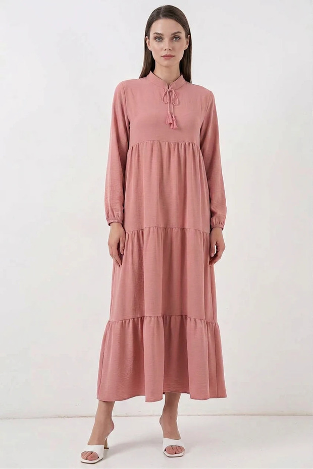 Women's T-Neck Gathered Waist Ruffled Lace-Up Viscose Powder Dress