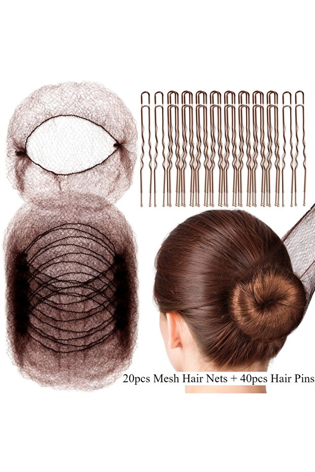 Set 1 60pcs/pack Hair Accessories Set: 20PCS Mesh Hair Nets Invisible and 40PCS U Shaped Hair Pins