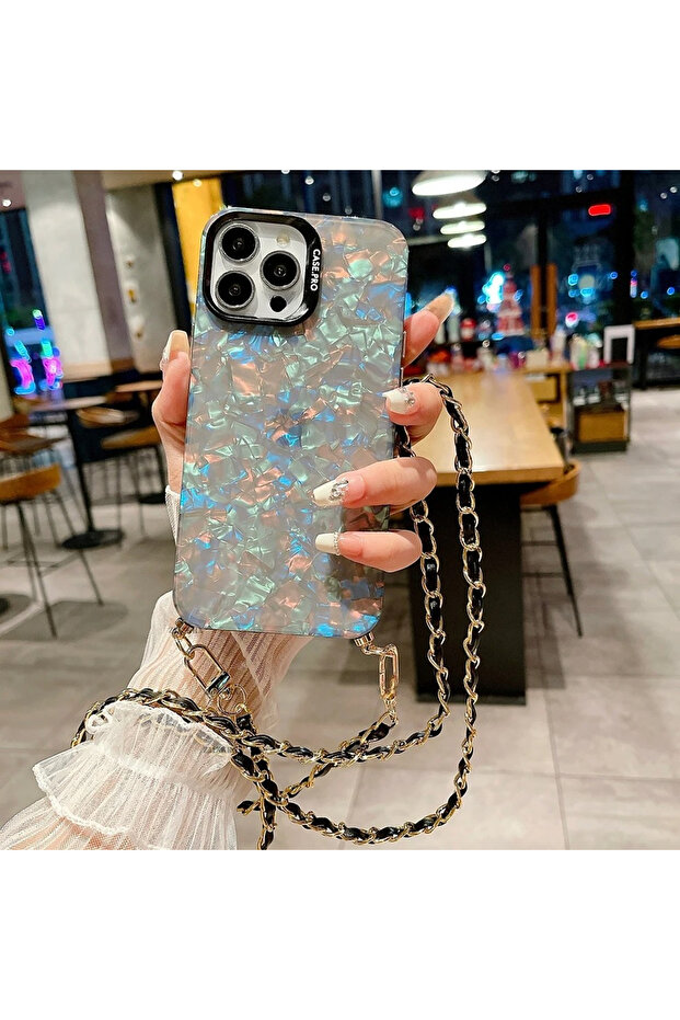 Black iPhone 16Plus Shell Pattern Glitter Marble Hard Cover with Metal Chain Crossbody Lanyard For i