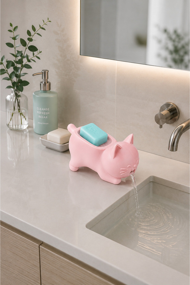 Cat Design Solid Soap Dish and Dish Sponge Stand – Self-Draining Modern Bathroom & Kitchen Soap and Dish Sponge Stand |   Decorative Stylish Soap Container