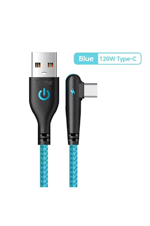 كابل شحن سريع USB إلى Type-C بطول 2 متر، تصميم بزاوية 90 درجة، مجدول بالنايلون، لنقل البيانات للهواتف المحمولة