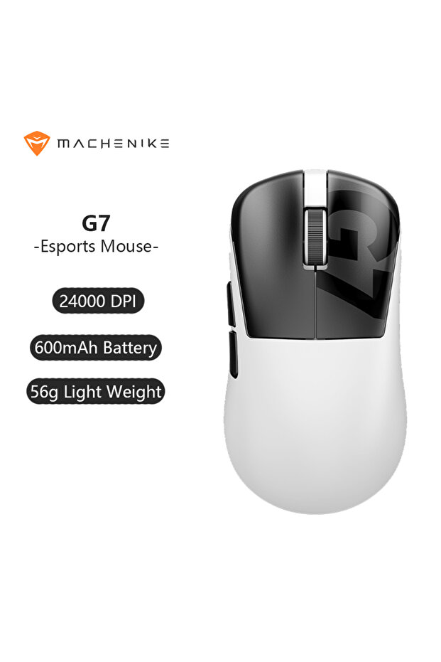 ماوس ألعاب MACHENIKE أسود وأبيض طراز G7 سلكي USB ولاسلكي 2.4 جيجاهرتز بدقة 24000 نقطة في البوصة و80 IPS و6 أزرار