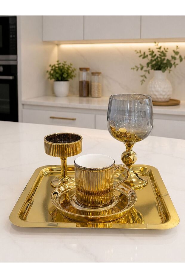 Hüma Gold Coffee Presentation Set with Tray, Coffee Cup, Turkish Coffee Cup and Coffee Side Cup - Damat Kahvesi