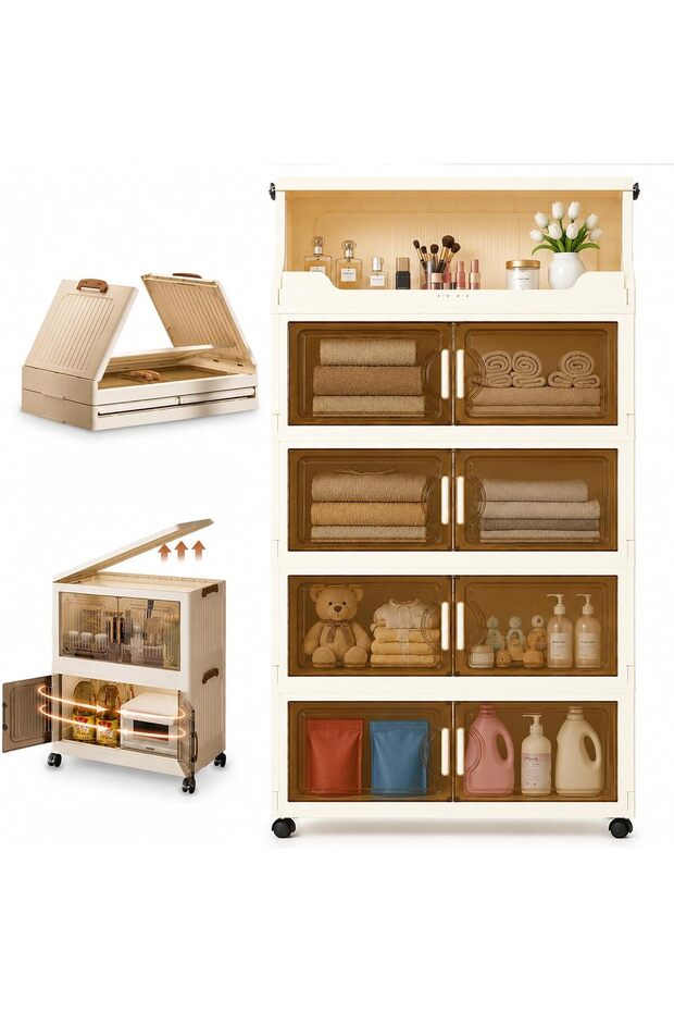 5 Layer Collapsible Storage Bins With Wheels [130cm] - Stackable Plastic Storage Cabinet Portable Multi-Tier Organizer Rack, Kitchen Rack with Dual Opening Home Storage unit Easy Tool Free