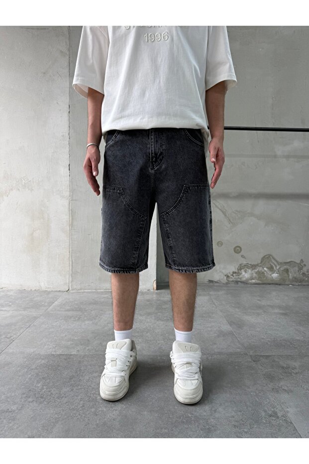 Partly Stitched Washed Gray Bermuda Baggy Shorts