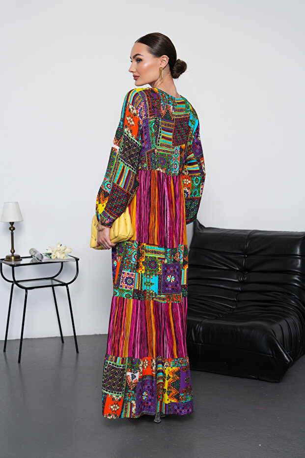 Full Length Patchwork Long Sleeve Dress - 4