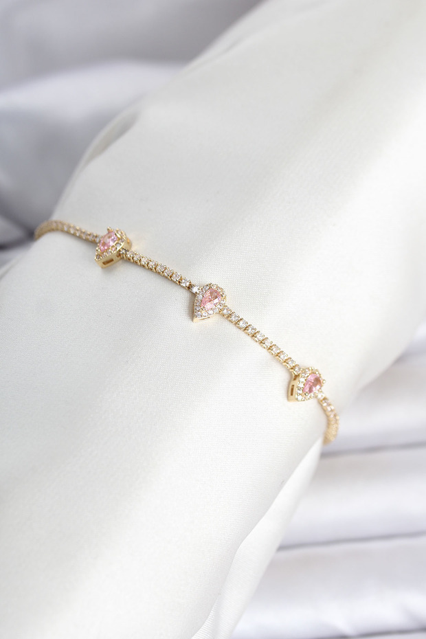 Brass Gold Color Pink Drop Stone Detailed Women's Waterway Bracelet