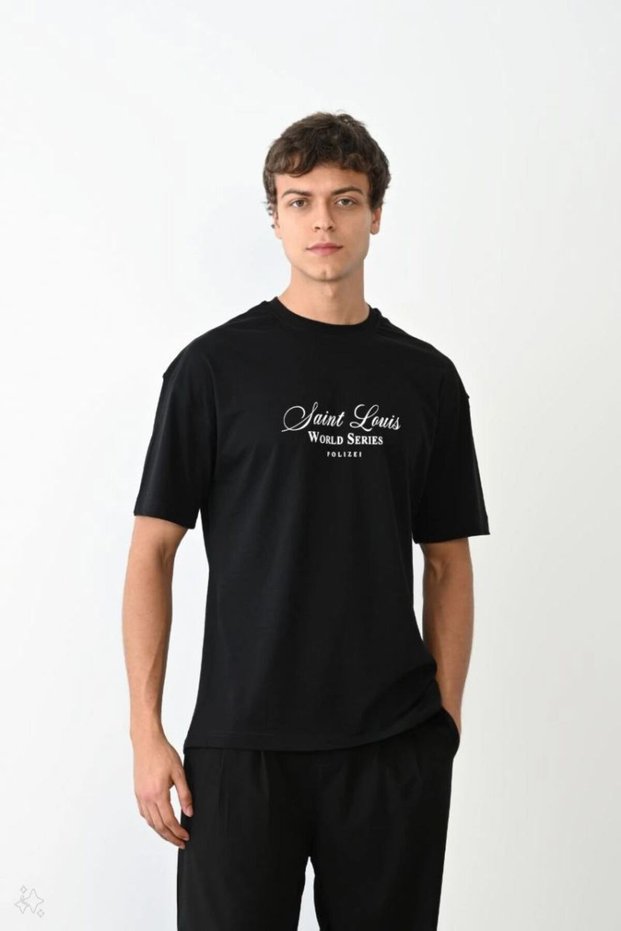 Men's Short Sleeve Summer T-Shirt Crew Neck Printed Oversize T-Shirt - Black