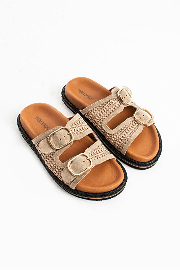 Klein Leather Women's Straw Weave Double Buckle Beige-Cream Slippers