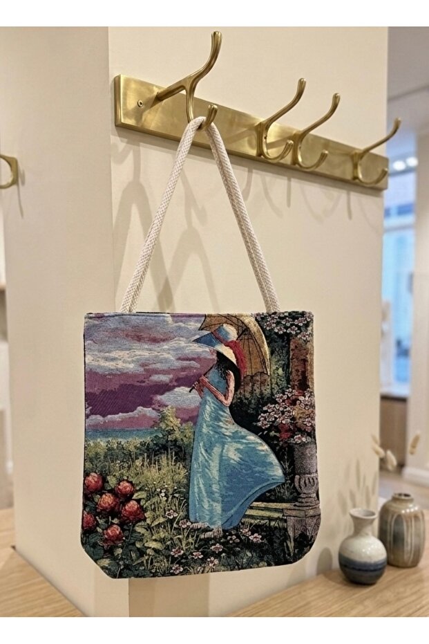 Tapestry Shoulder Bag with Tableau Pattern and Romantic Female Figure