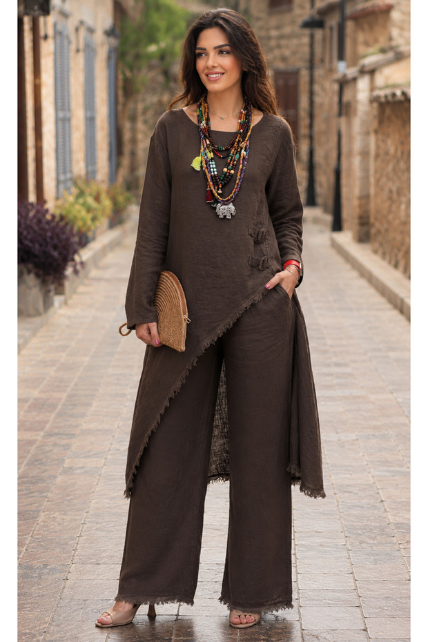 Buckle-Strapped Linen Trouser Set
