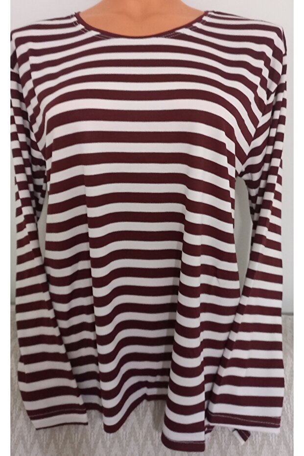 Er Clothing Combed Cotton Blouse Long Sleeve Crew Neck Burgundy Striped