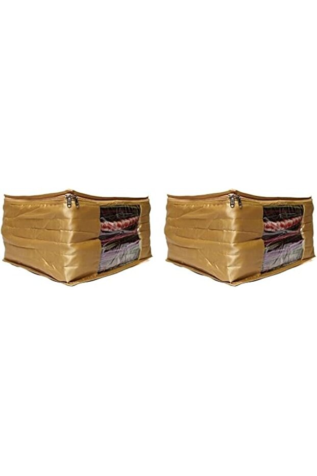 Saree Cover With Front Window, Satin Storage Organizer, Pack of 2, 10 Inch Height,GOLDEN