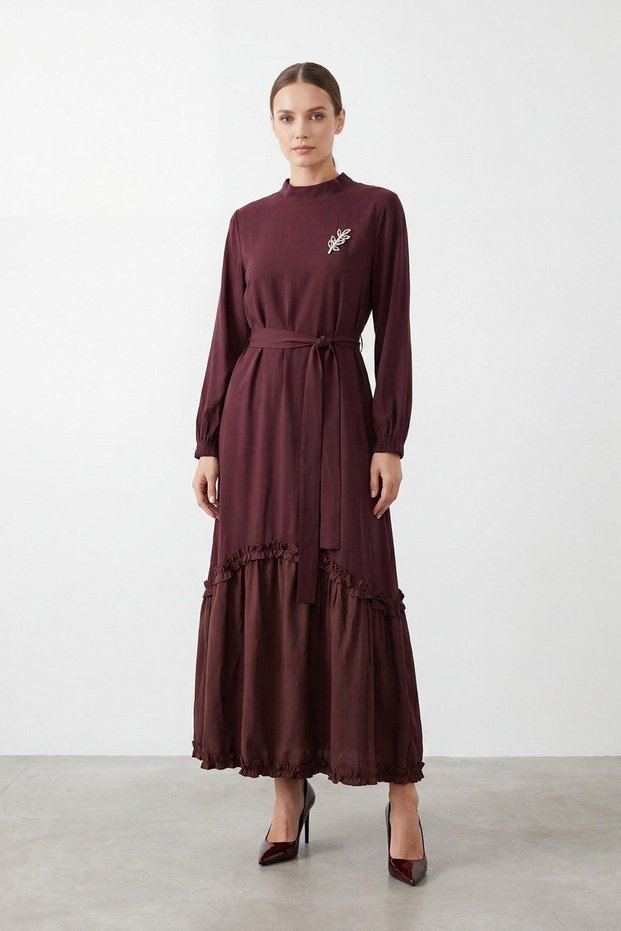 Women's Brooch Detailed Belted Long Dress 12675