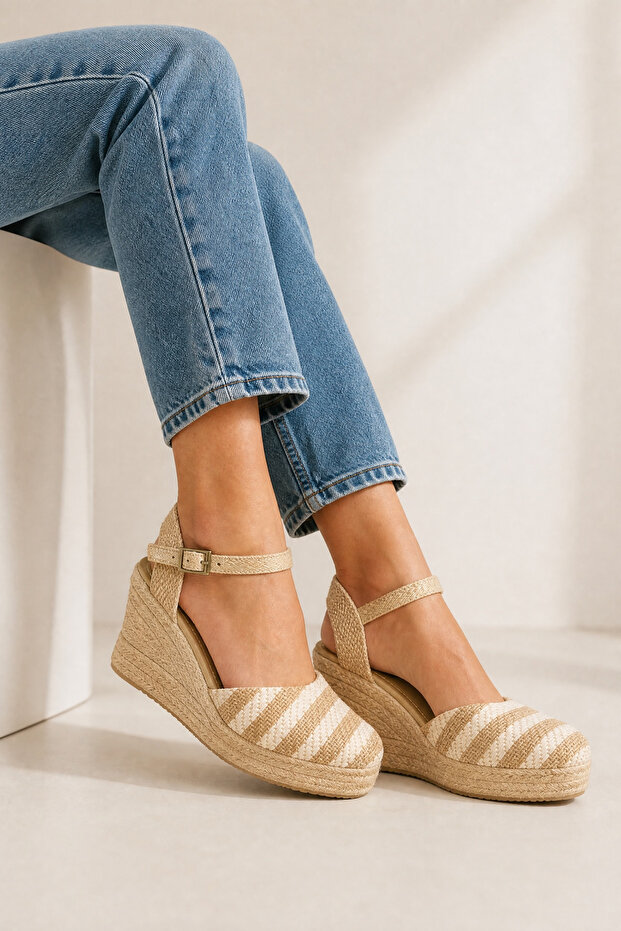 Natural Straw Striped Wedge Heel Espadrille