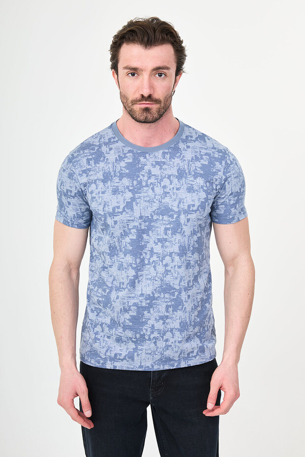Patterned Slim Fit Crew Neck Short Sleeve Men's T-Shirt Navy Blue - 36881.26Y