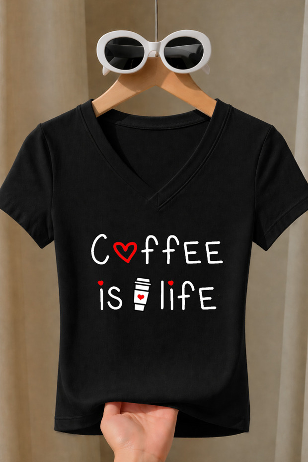 Women's Coffee Is Life Printed Basic Daily Use V-Neck Slim Fit Lycra T-Shirt
