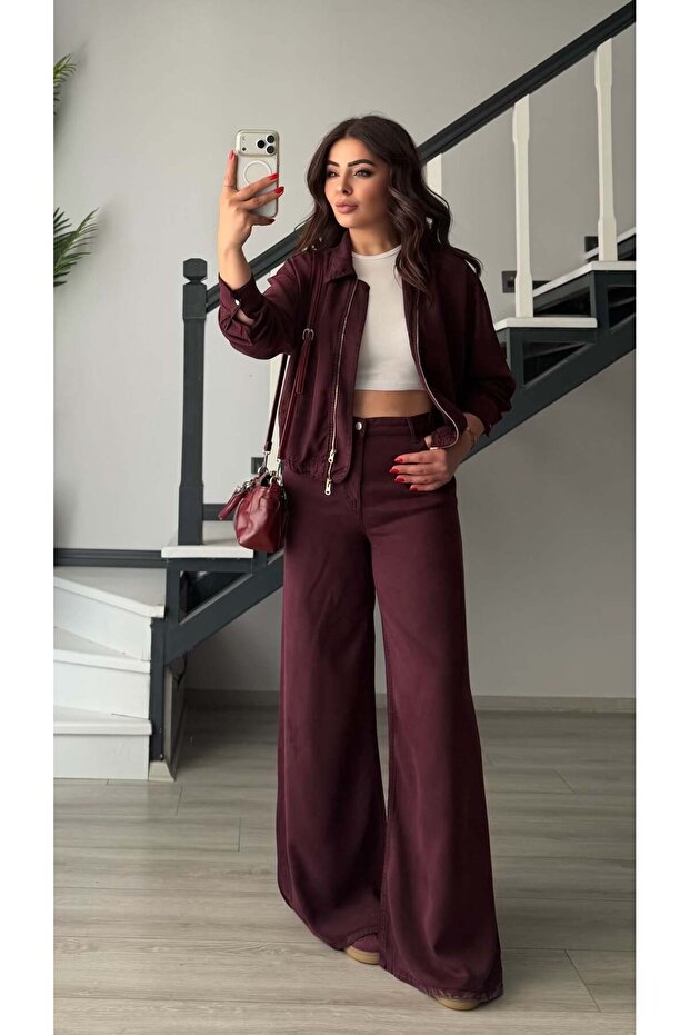 Plum Tencel Bomber Jacket-Pants Set