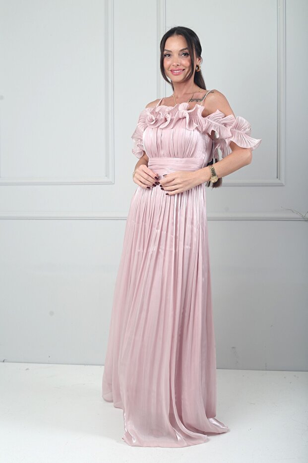 Women's Chiffon Fabric Flounce Detailed Lined Long Dress