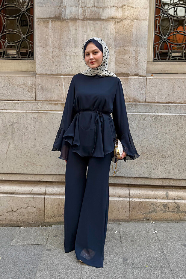 Women's Chiffon Suit with Drawstring Waist Pants, Navy Blue