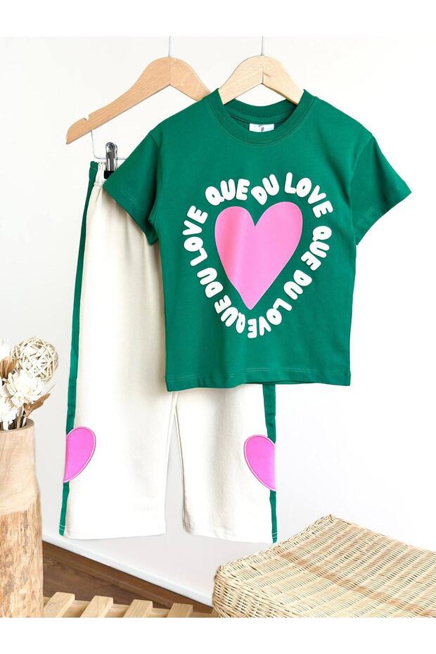 Oui Heart Detailed Girls' Cotton Top and Bottom Set