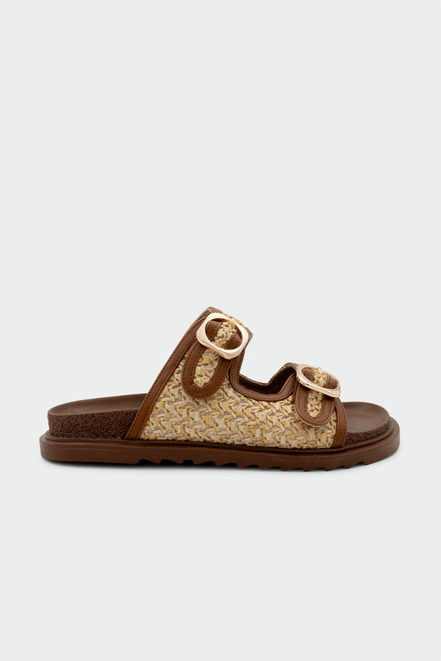 Mario Wicker Detailed Buckle Detailed Thick Tan Sole Slippers