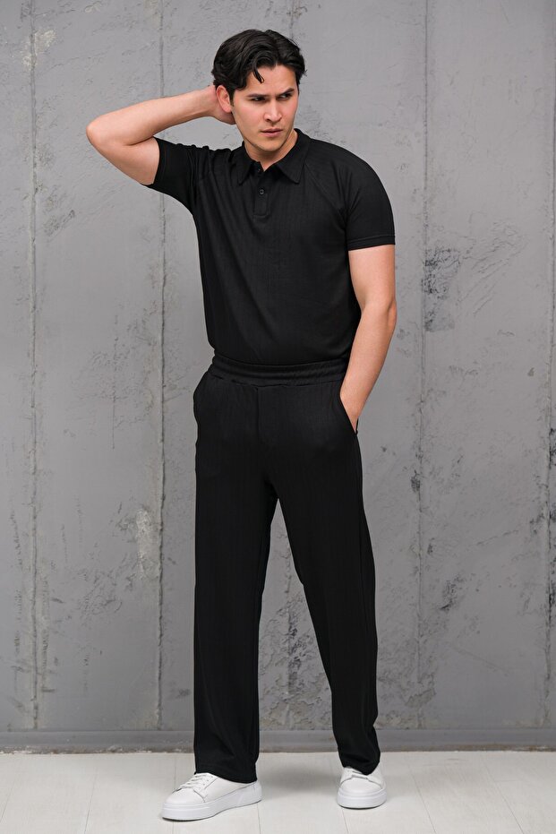 Regular Fit Lycra Self-Striped Half Baggy Trousers T-Shirt Set