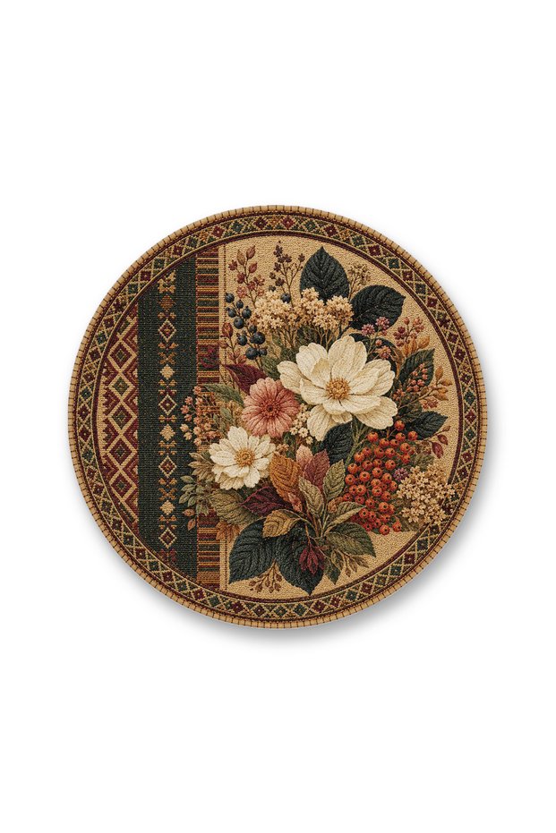 Sdt Floral Patterned Round Modern Woven Base Decorative Carpet Sdt1482