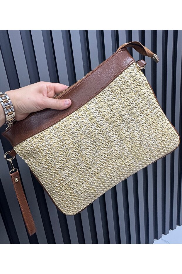 Women's Straw Portfolio Clutch Bag, Tablet and Daily Use Strap Hand and Shoulder Bag (Length 22 cm Width 32 cm)