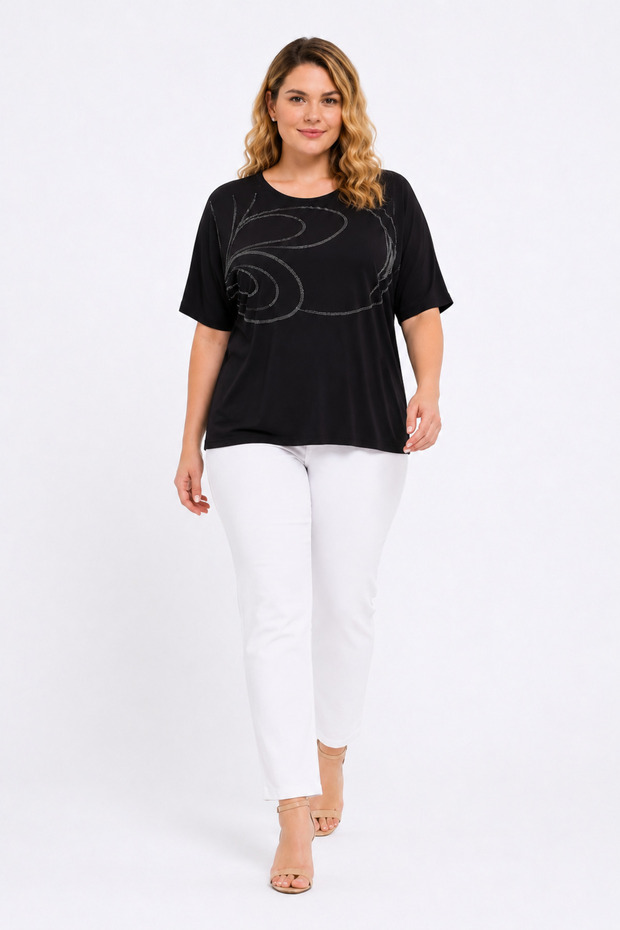 Women's Plus Size Black, Stone Detailed Bat Sleeve Blouse 65N39526
