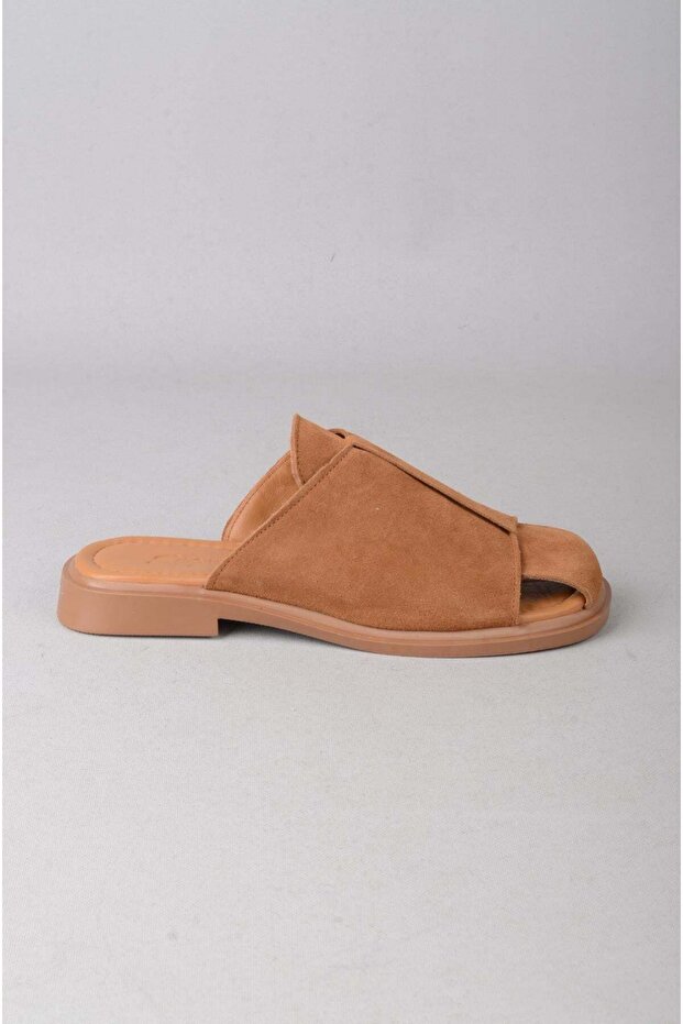 Seç 4104 Genuine Leather Women's Slippers (Heel Height: 2cm) Tan Suede