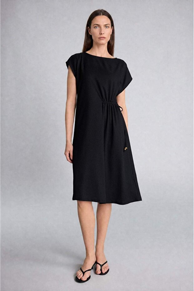 Regular Fit Wrinkled Textured Round Neck Batwing Sleeve Midi Dress G1131Ax26Sp