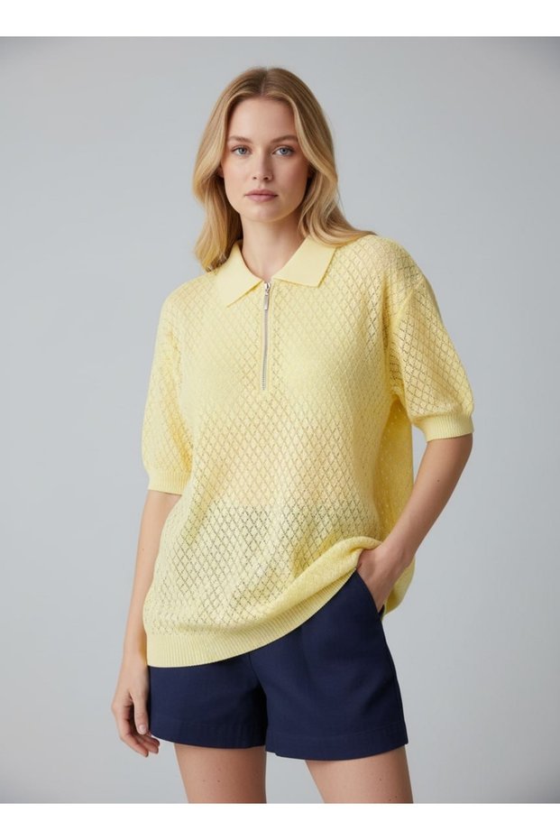 Women's Polo Collar Mesh Detailed Oversize Knitwear Blouse