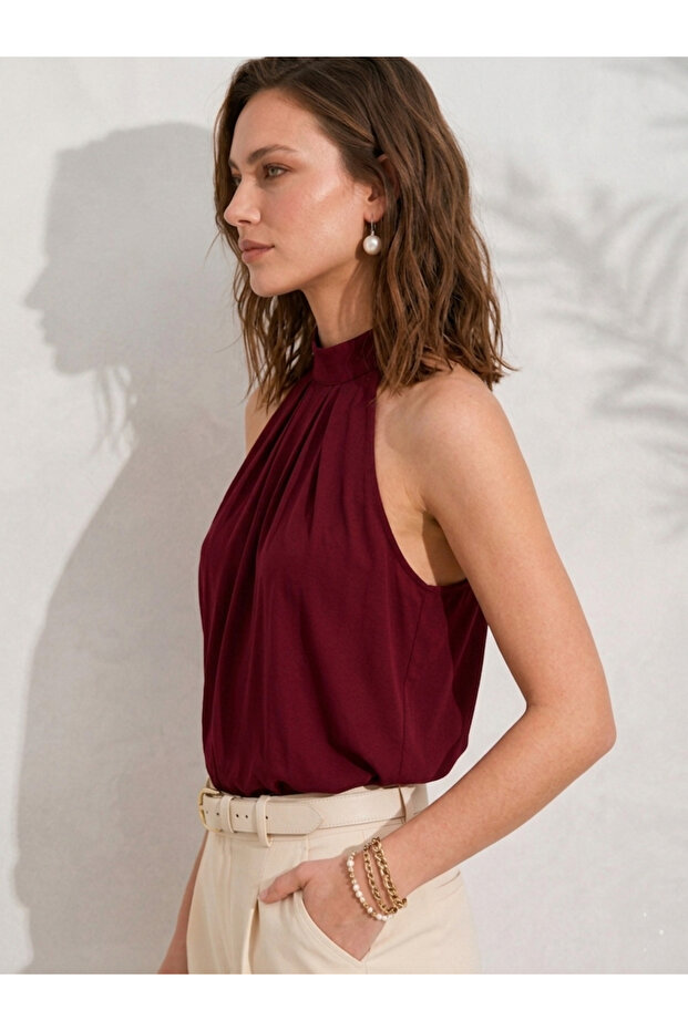 Women's Burgundy Halter Neck Zero Sleeve Regular Buttoned Pleated Sandy Fabric Premium Women's Blouse