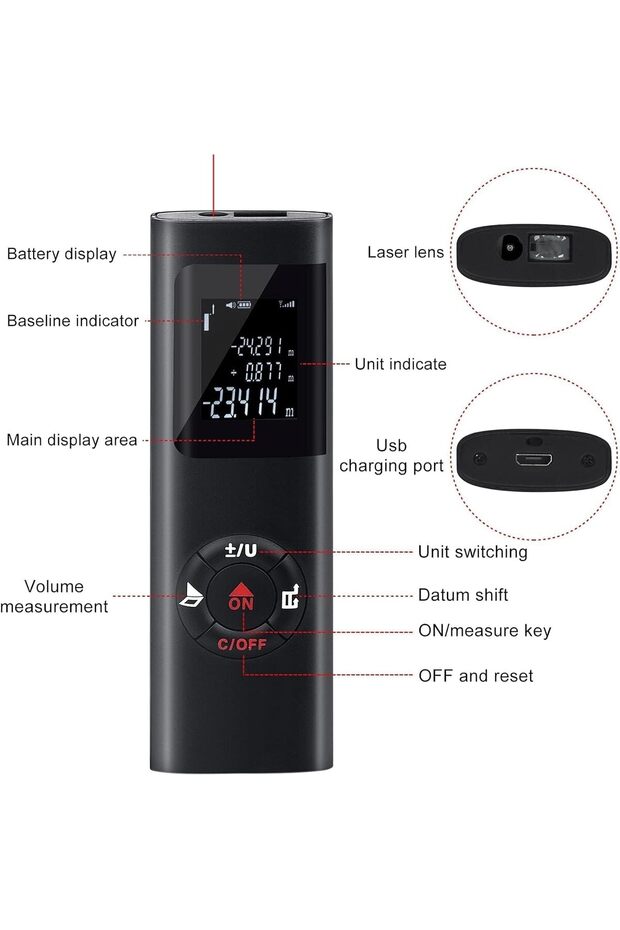 Laser Measurement Tool, 131ft/40M Portable Digital Laser Distance Meter,±1/16 inch High Accuracy, USB Rechargeable, Backlit Display, M/in/Ft Unit Switching, Pythagorean Mode, Measure Distance