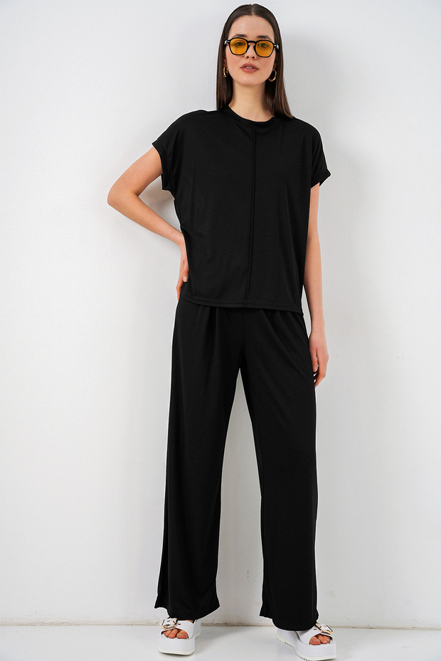 Women's Knitted Blouse and Trousers Two-Piece Set - Black 1415