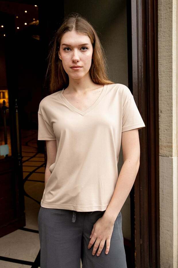 Women's V-Neck Short Sleeve Lycra Span Fabric Stylish T-Shirt Blouse-Beige
