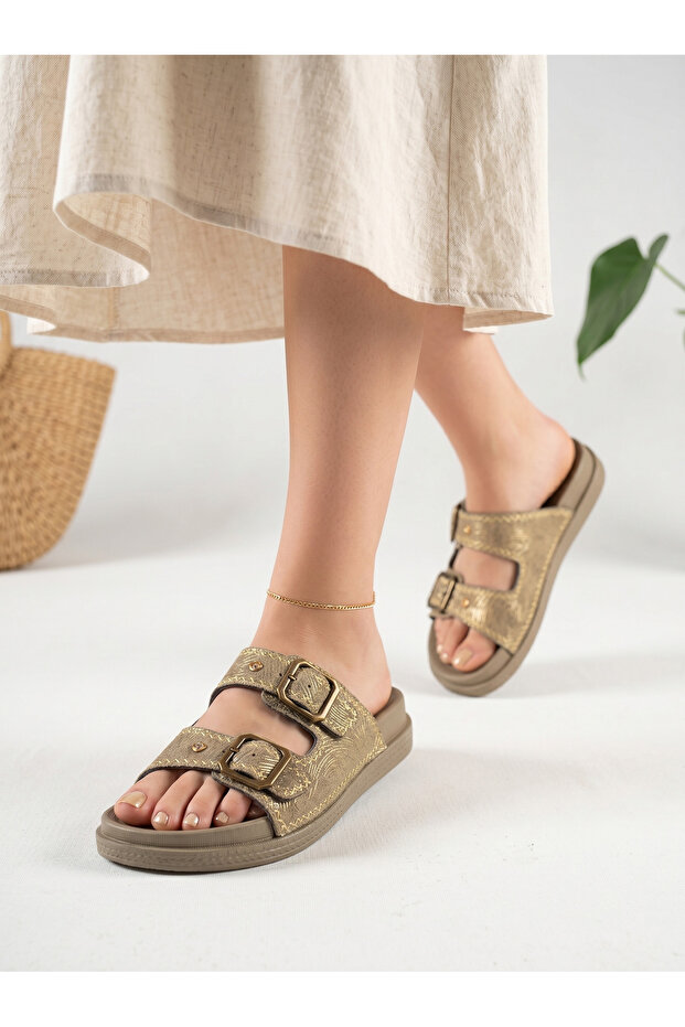 Double Buckle Stone-Embellished Women's Slippers