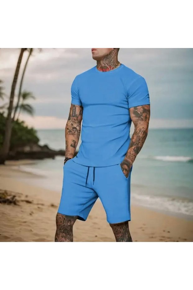 New Season Solid Color 100% Cotton Plus Size Sports Men's T-Shirt Shorts Set