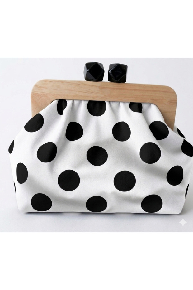 White Black Polka Dot Wooden Scholar Chain Strap Clutch Shoulder Bag