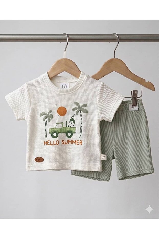 طقم صيفي رجالي من Hello Summer Waffle - 100% قطن
