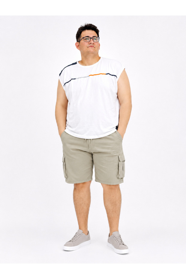 Large Size Men's Shorts with Side Elastic Waist, Lace-Up Closure, Zipper and Cargo Pockets